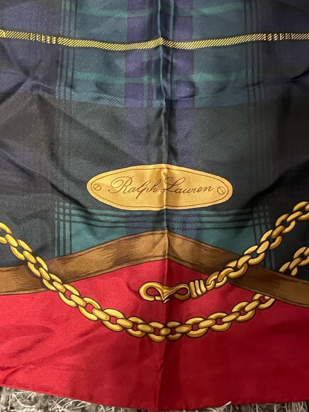 Ralph Lauren Silk Scarf in Red, Navy & Gold Chain Print - Picture 3 of 3